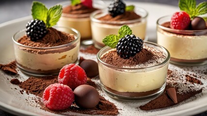 A beautifully arranged dessert buffet with classic Italian sweets like tiramisu, panna cotta, and cannoli, garnished with fresh berries, mint leaves, and cocoa powder. The scene is bright and inviting