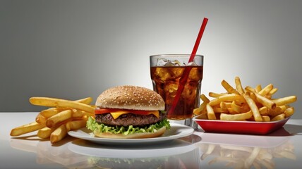 A cheeseburger with a sesame seed bun, fresh lettuce, tomato, cheddar cheese, and a juicy beef patty, served with crispy golden French fries and a cold cola with a red straw. The meal is presented on 
