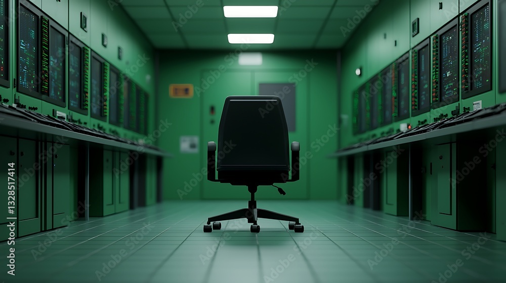 Poster a dimly lit green room featuring a lone office chair and rows of computer servers, creating a tech-f