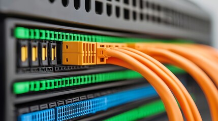 A close-up of network cables connected to a server, showcasing vibrant orange and green colors, highlighting technology and data connectivity.