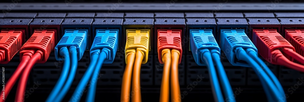 Poster a close-up view of colorful network cables connected to a server, showcasing vibrant colors and orga
