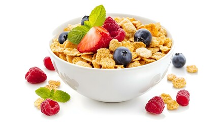bowl of corn flakes with fruit on white