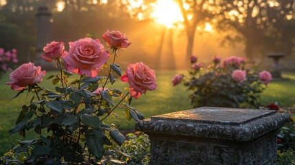 Pink roses sunrise garden stone memorial misty dawn