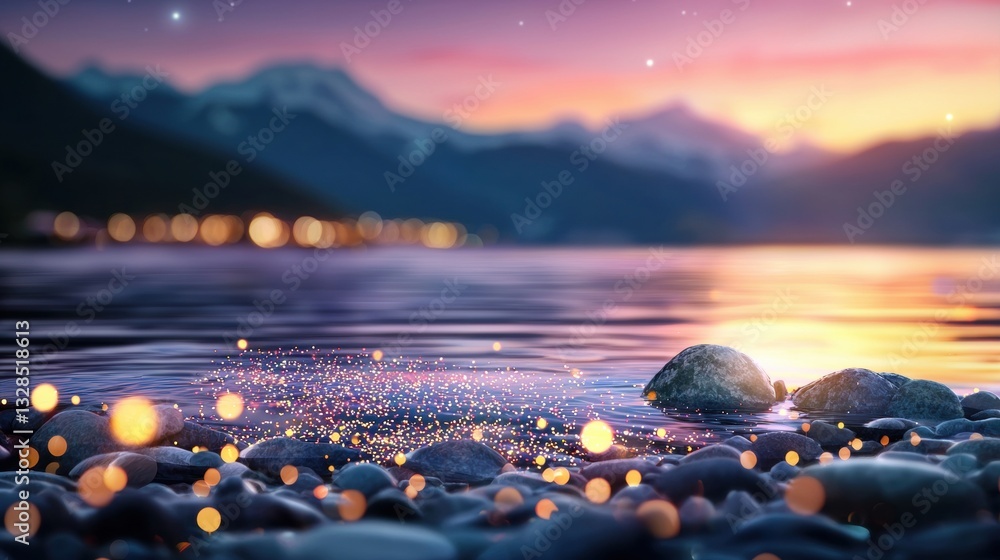 Poster bokeh and light particles bokeh lights reflecting on a water surface, creating a serene and dreamy a