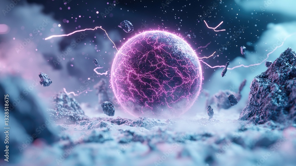 Poster energy fields and plasma colorful energy field surrounding a futuristic object, symbolizing advanced