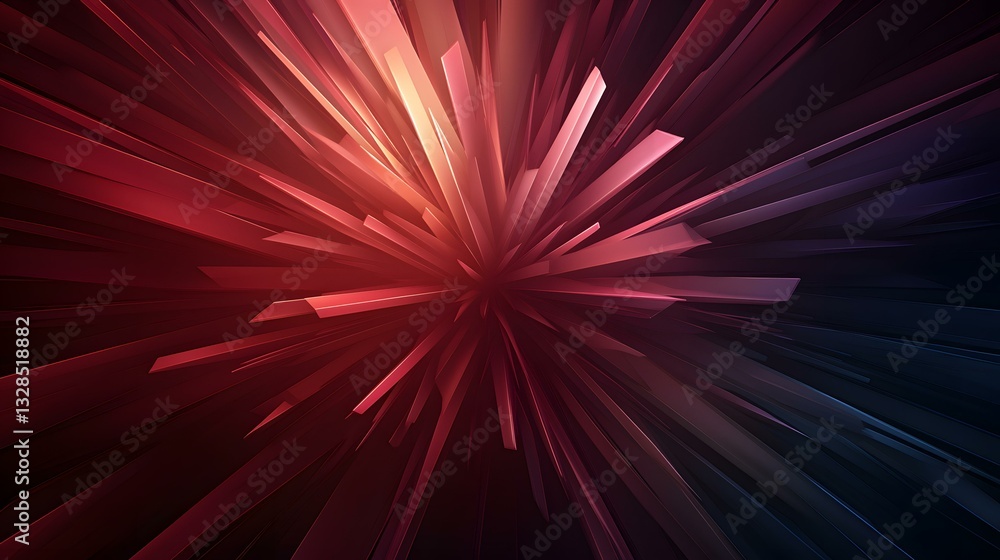 Poster the image contains an abstract representation of radiating, three-dimensional, crimson and dark-blue