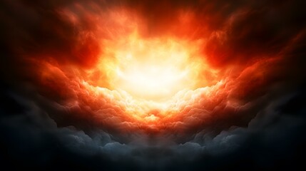 The image shows a vibrant, fiery sky filled with swirling, orange and red clouds, culminating in a bright, white light at the center.A brilliant, fiery expanse of clouds and light fills the sky.