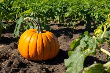 Obraz premium A fresh, vibrant pumpkin growing in fertile soil under natural sunlight. 