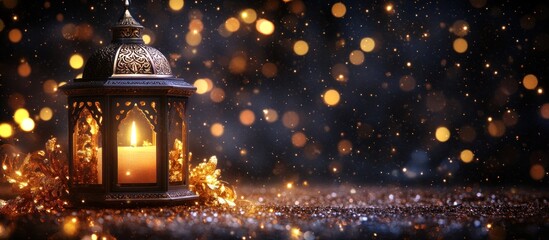 Obraz premium A decorative lantern with a lit candle against bokeh background