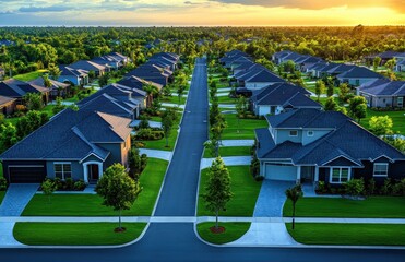 Obraz premium Aerial View of a Quiet Suburban Neighborhood with Well-Maintained Homes and Lush Green Lawns Under a Golden Sunset Sky