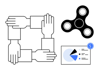 Four interlocked hands symbolizing unity, a spinner denoting efficiency, a chart with financial data insights. Ideal for teamwork, collaboration, productivity, analysis, finance, strategies growth