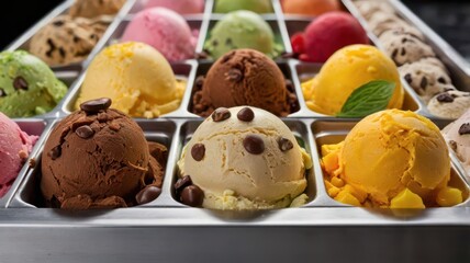 A close-up of a gelato display case filled with colorful scoops of various flavors: chocolate, vanilla, pistachio, strawberry, mango, and cookies & cream. Each scoop is topped with delicious toppings 