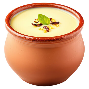 Basundi - Rich and Creamy Indian Milk Dessert in a Traditional Clay Pot, isolated on transparent background.