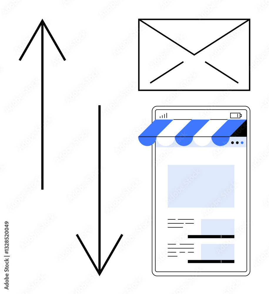 Poster vertical arrows symbolize data exchange between email and online mobile store platform. ideal for di