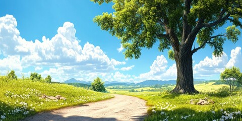 Obraz premium Serene Summer Landscape Country Road Winding Through Lush Green Meadow Under Blue Sky With Fluffy Clouds and Majestic Tree