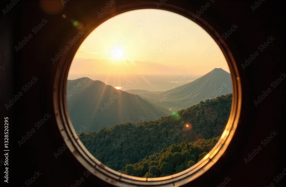 Poster view of mountains and sunset from airplane window with clear sky