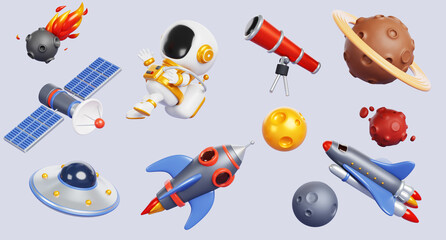 3d set of cartoon space objects. Astronaut, rocket, planets, alien ufo spaceship, telescope, meteorite with fire isolated render icon. Cute spaceman, flying saucer and rock asteroids. 3D illustration © marozhkastudio