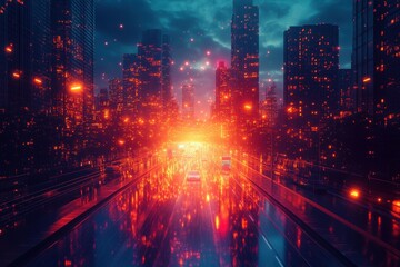 Fototapeta premium Urban skyline illuminated by glowing lights and reflections during twilight, showcasing a bustling city atmosphere