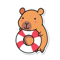 Cute capybara holding a lifebuoy can be used for stickers