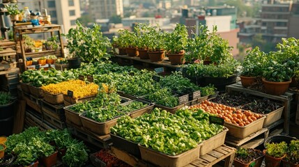 Rooftop urban garden with various herbs and vegetables in crates and pots.