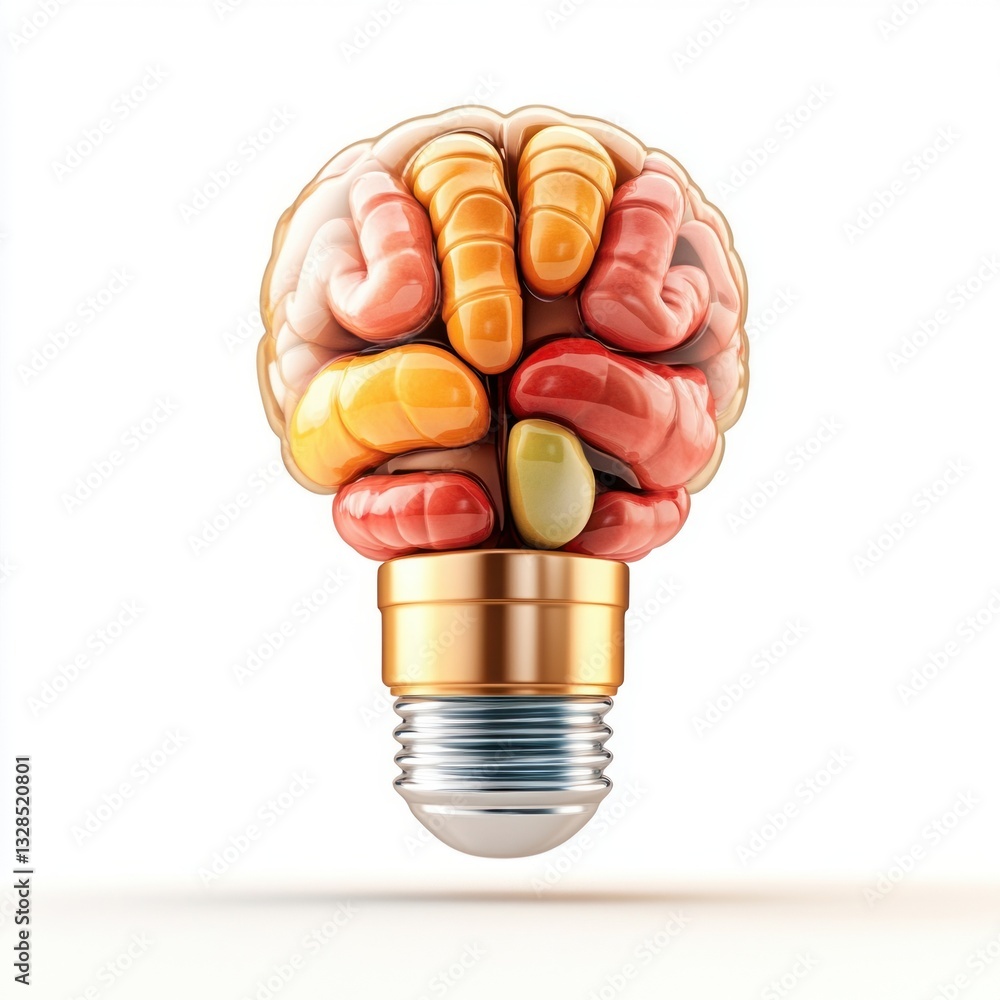 Poster innovative brain power concept a colorful 3d render of a human brain shaped as a light bulb represen