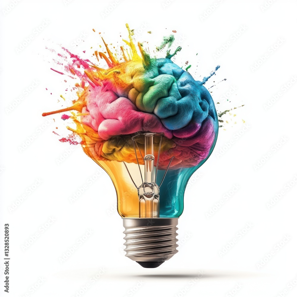 Poster colorful brain inside light bulb exploding with creativity innovation ideas concept bright rainbow c