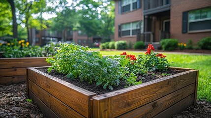 Raised garden beds with herbs and flowers in front of apartment buildings.