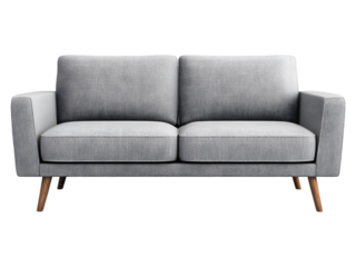 Modern two seater gray fabric sofa with wooden legs