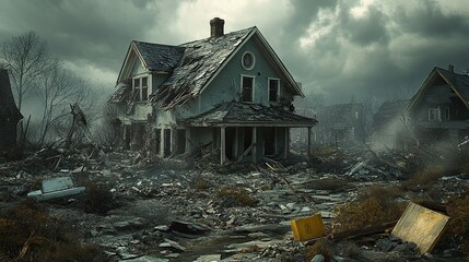 A damaged house in ruins surrounded by debris, showcasing the aftermath of a natural disaster or destruction.