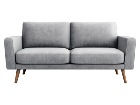 Modern two seater gray fabric sofa with wooden legs