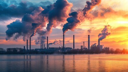 A dramatic industrial landscape at sunset, showcasing smokestacks and pollution against an atmospheric backdrop