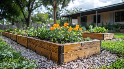 Raised garden beds with orange flowers and green plants.