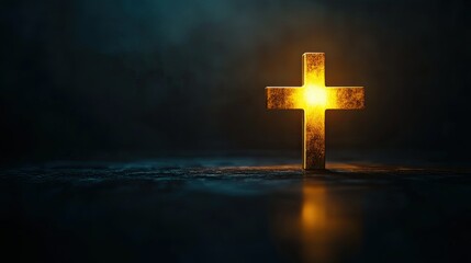 A glowing golden cross illuminated against a dark background, symbolizing faith, spirituality, and divine presence