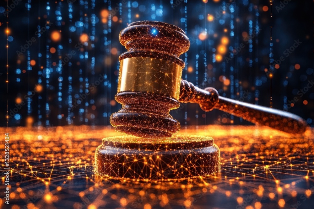 Aufkleber digital representation of justice with a gavel in a futuristic setting filled with golden light and 