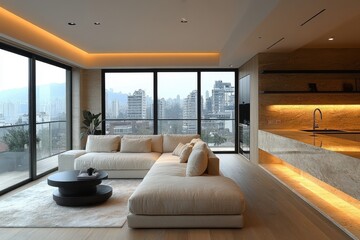 Luxurious modern living room with stunning cityscape view and elegant design during daylight hours