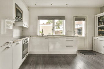 Sleek and contemporary kitchen design featuring white cabinets, stainless steel appliances, and a bright window with a view of greenery outside.