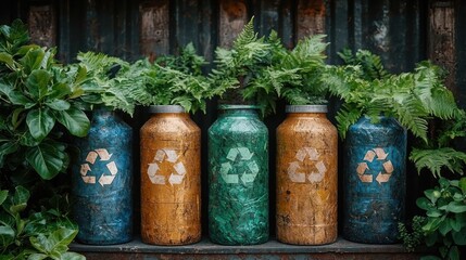 Fototapeta premium Recycled metal cans replanted with ferns, showcasing eco-friendly reuse.