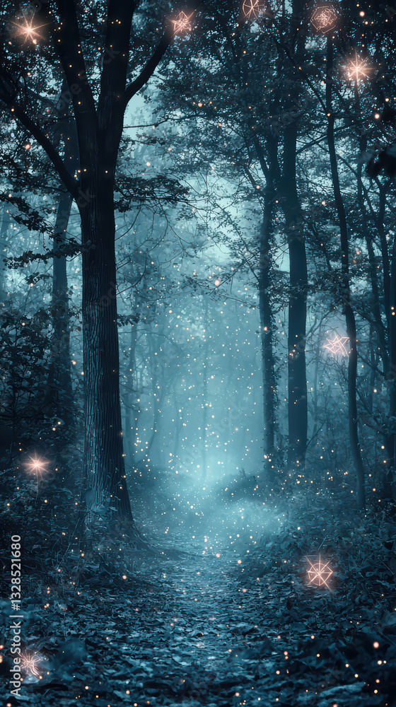 Poster mystical forest path: a captivating photograph portrays a dark forest path, shrouded in an enchantin