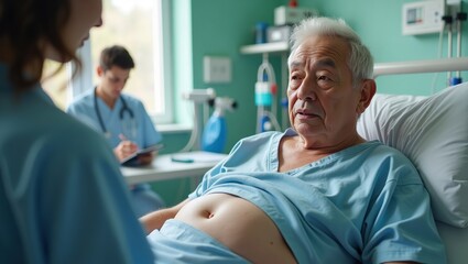 Obraz premium In a modern clinic, an elderly man receives a professional abdominal exam, focusing on his health and well-being.