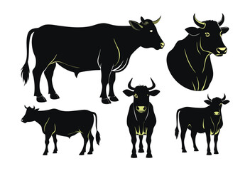 Fototapeta premium Simple Black and White Silhouettes of Cows set