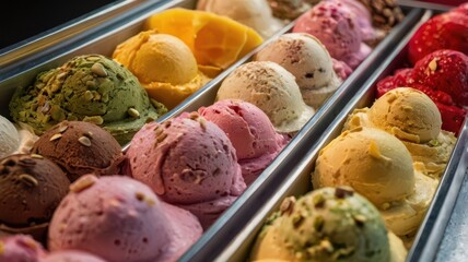 A close-up of a gelato display case filled with colorful scoops of various flavors: chocolate, vanilla, pistachio, strawberry, mango, and cookies & cream. Each scoop is topped with delicious toppings 