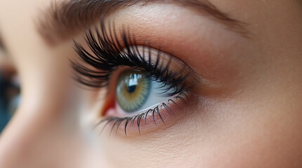 Fototapeta premium A female eye adorned with dramatic, ultra-long false eyelashes, showcasing the beauty of eyelash extensions and perfect makeup.