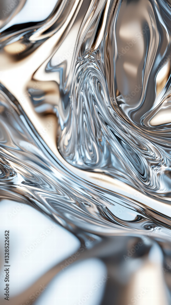 Poster liquid metal swirl: an abstract macro shot capturing the mesmerizing flow and reflective surface of 