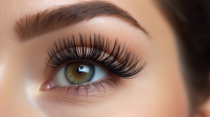 Obraz premium A striking close-up of a female eye featuring bold, long false eyelashes and flawless eyelash extensions for a dramatic makeup look.