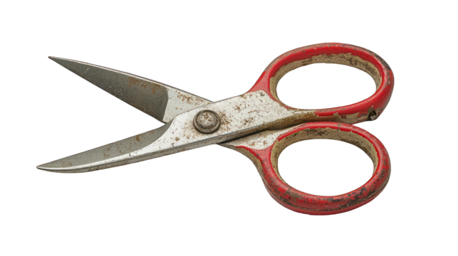 Close-up of worn scissors on a transparent background