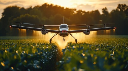 smart farm technology concept picture of spraying agriculture drone flying over corn or maize field