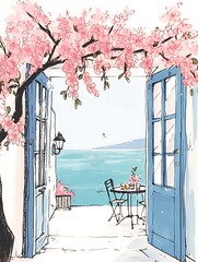 Illustration of springtime in Greece, cherry blossoms, sea-view balcony with a small table