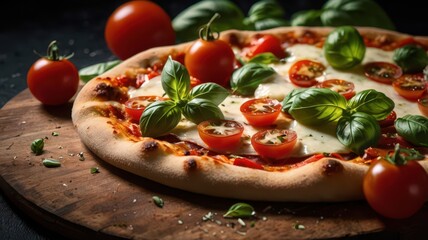 A delicious Italian-style pizza with melted mozzarella cheese stretching as a slice is pulled away. The pizza is topped with fresh basil, cherry tomatoes, and a crispy golden crust. The wooden serving
