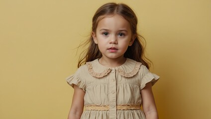 Charming Young Girl in Soft Attire Isolated on a Calm Pastel Yellow Wall

