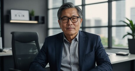 Confident Mature Asian Man Wearing Glasses, Exemplifying Leadership in a Professional Office Setting

